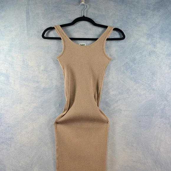 HM Ribbed Knit Midi Dress Tan Beige Sleeveless Bodycon Scoop Neck XS - Picture 8 of 8